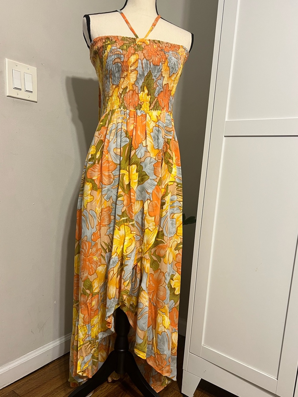 raya sun Floral Halter Smocked High-Low Dress in Orange, Yellow & Blue